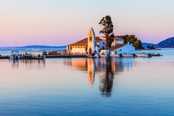 Corfu,,Greece.,Picturesque,Vlacherna,Monastery,At,Sunrise.